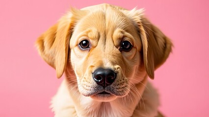 Portrait of cute golden retriever puppy looking at the camera on pink background. Young dog banner for stores, veterinarian clinic of shelters. Dog friendly place.