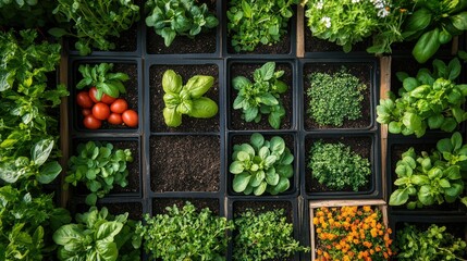 Urban Garden Abundance: A vibrant display of herbs, vegetables, and flowers thriving in organized plots, showcasing the beauty and bounty of urban gardening.