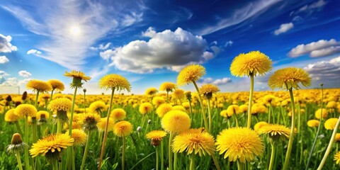 Fototapeta premium A serene field filled with vibrant yellow dandelions swaying gently in the breeze under a bright blue sky with few white puffy clouds, nature, blue sky