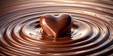 A heart-shaped chocolate slowly rises above ripples in a pool of melted chocolate, as if emerging from the depths of its own making, dark sweet treat, edible art
