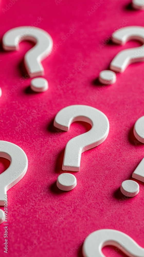 Poster pink background with white question marks uncertainty query decision choice riddle p