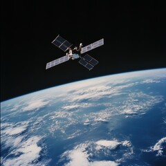 Satellite orbiting Earth: A breathtaking view of our planet from space showcasing the satellite's intricate design and the Earth's stunning beauty.