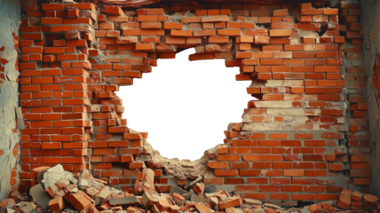 Large hole in red brick wall with rubble surrounding the edges