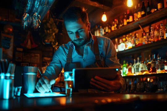 Young reality bartender using digital tablet while working in a pub.