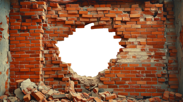 Large hole in red brick wall with rubble surrounding the edges