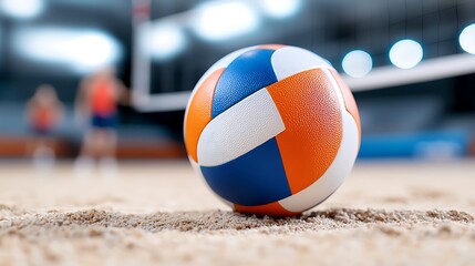 Close-up of volleyball on sandy court, blurred players in background.