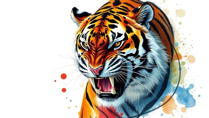 Growling Tiger Watercolor Portrait - Hand Drawn Art