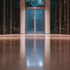 Modern Office Entrance  Glass Doors  Polished Floor  Forest View  Interior Design