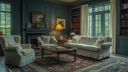 Serene Library Interior: Elegant Living Room with Bookshelves and French Doors