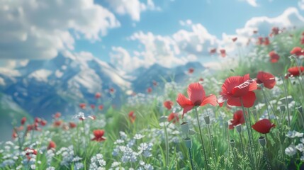 Fototapeta premium A vibrant field of red poppies and white flowers against a backdrop of mountains and blue sky.