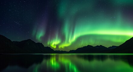 A tranquil mountain lake reflecting a sky filled with auroras and shooting stars