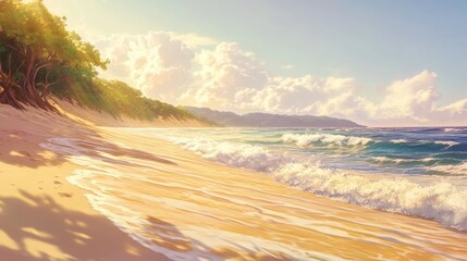 Serene tropical beach at sunset, gentle waves lapping golden sand, lush greenery.