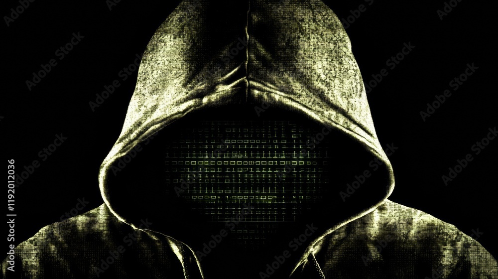 Poster hooded dark hat hacker figure in dark clothing with shadowed face hacking concept against digital ma