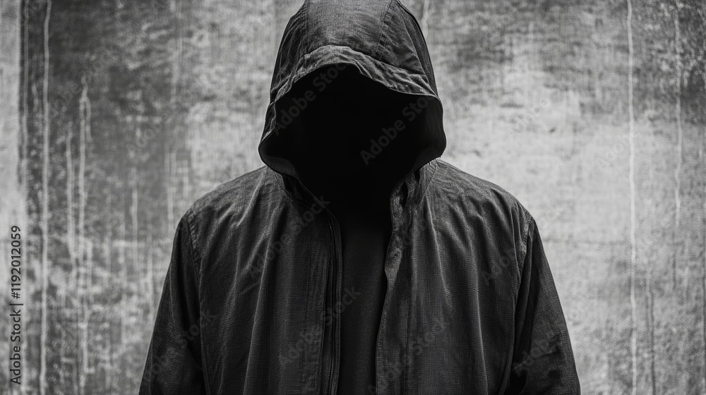 Poster hooded dark hat hacker figure in dark clothing with shadowed face hacking concept against digital ma