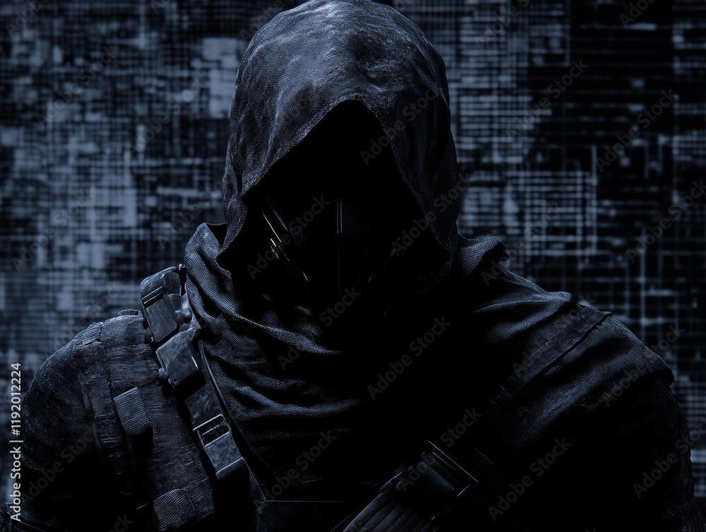 Poster hooded dark hat hacker figure in dark clothing with shadowed face hacking concept against digital ma