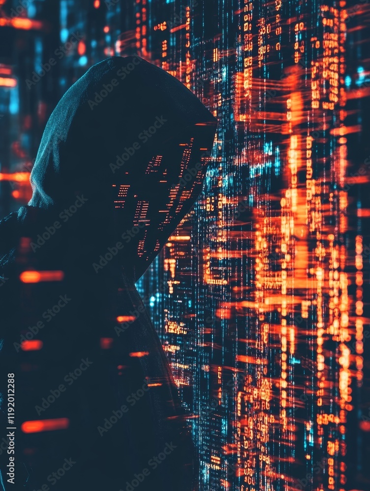 Poster hooded dark hat hacker figure in dark clothing with shadowed face hacking concept against digital ma