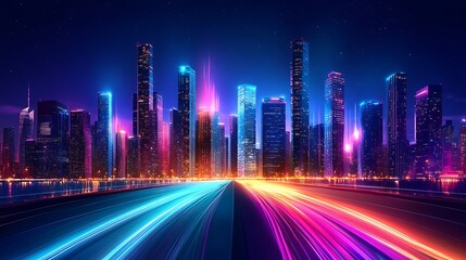 Obraz premium Dynamic night cityscape with colorful light trails urban environment
