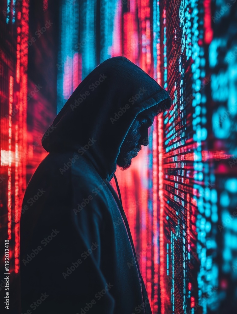 Poster hooded dark hat hacker figure in dark clothing with shadowed face hacking concept against digital ma