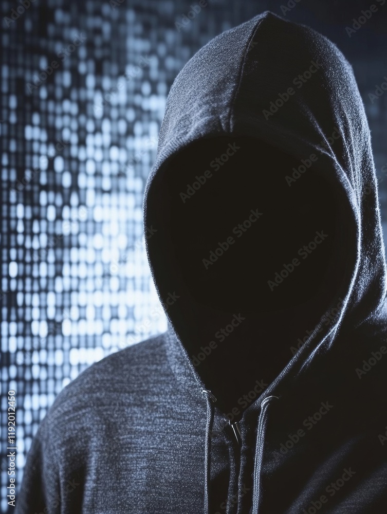 Aufkleber hooded dark hat hacker figure in dark clothing with shadowed face hacking concept against digital ma