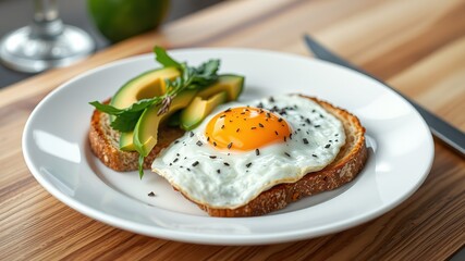 Keto Breakfast Fried Egg Avocado Toast - Healthy Diet Image, Delicious Food Photography, White Plate, High-Quality AI Art
