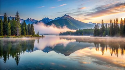 A serene mountain lake at dawn with misty fog rolling in, fog, scenic view,  fog, scenic view, serenity