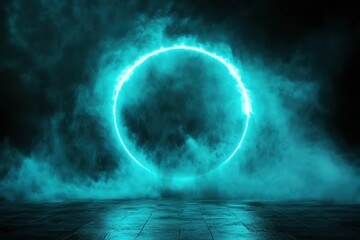 Glowing cyan circle in smoky, dark scene. Ideal for futuristic, fantasy, or abstract designs, adding a mysterious and ethereal vibe.