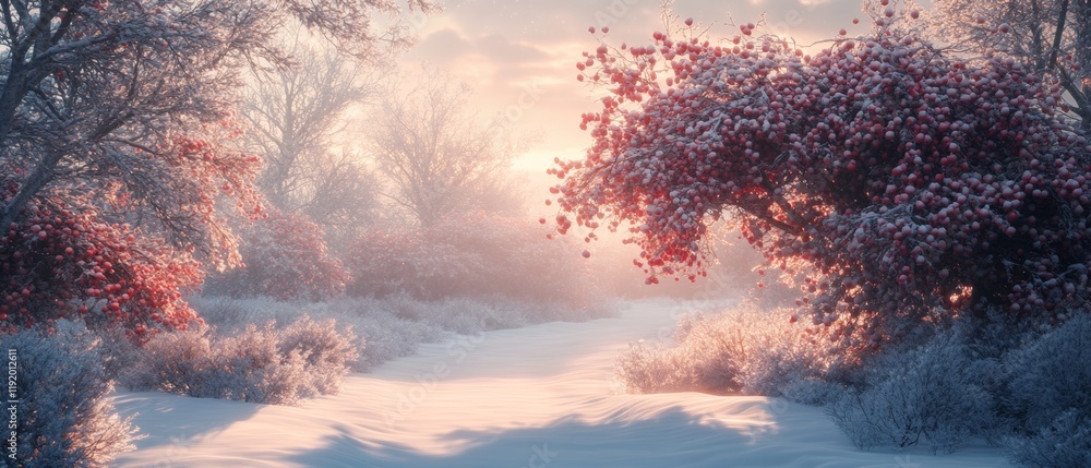 Poster a snowy forest with a red tree in the middle