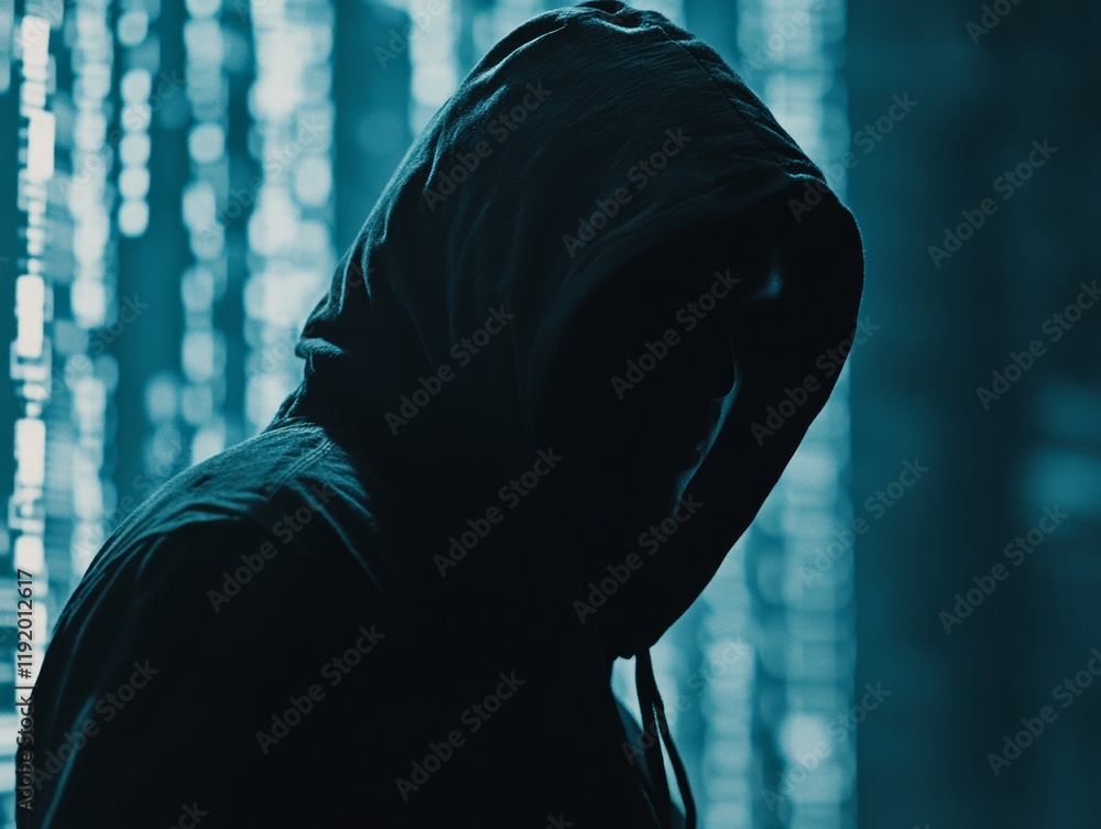 Poster hooded dark hat hacker figure in dark clothing with shadowed face hacking concept against digital ma