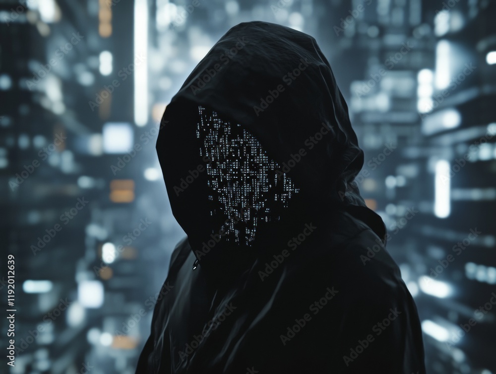 Poster hooded dark hat hacker figure in dark clothing with shadowed face hacking concept against digital ma