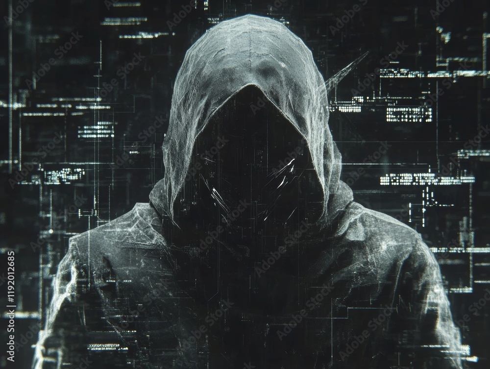 Poster hooded dark hat hacker figure in dark clothing with shadowed face hacking concept against digital ma