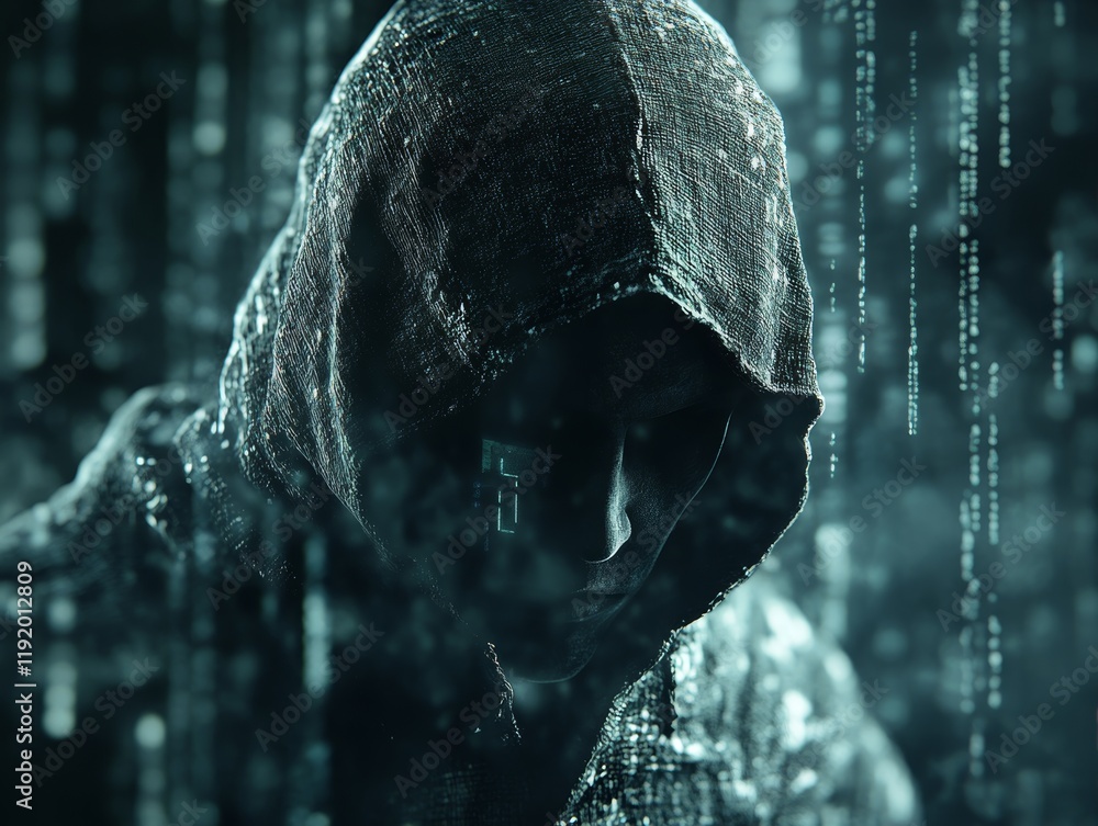 Poster hooded dark hat hacker figure in dark clothing with shadowed face hacking concept against digital ma