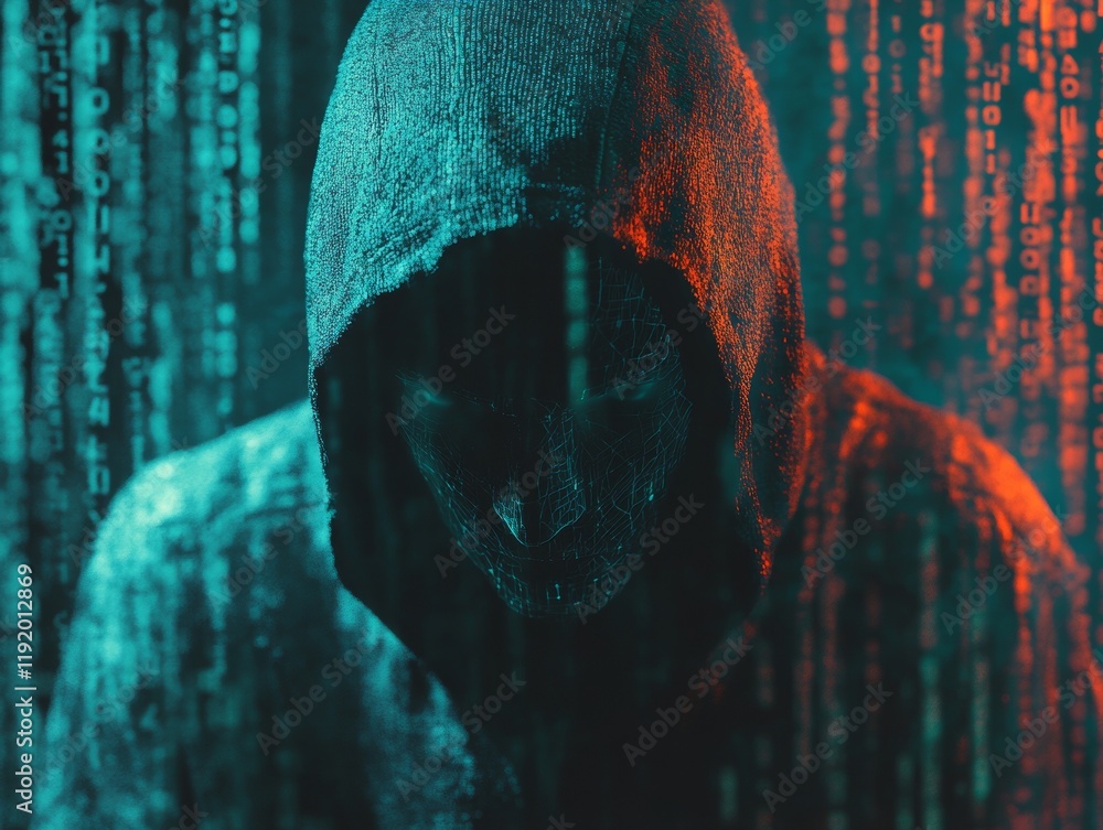 Poster hooded dark hat hacker figure in dark clothing with shadowed face hacking concept against digital ma