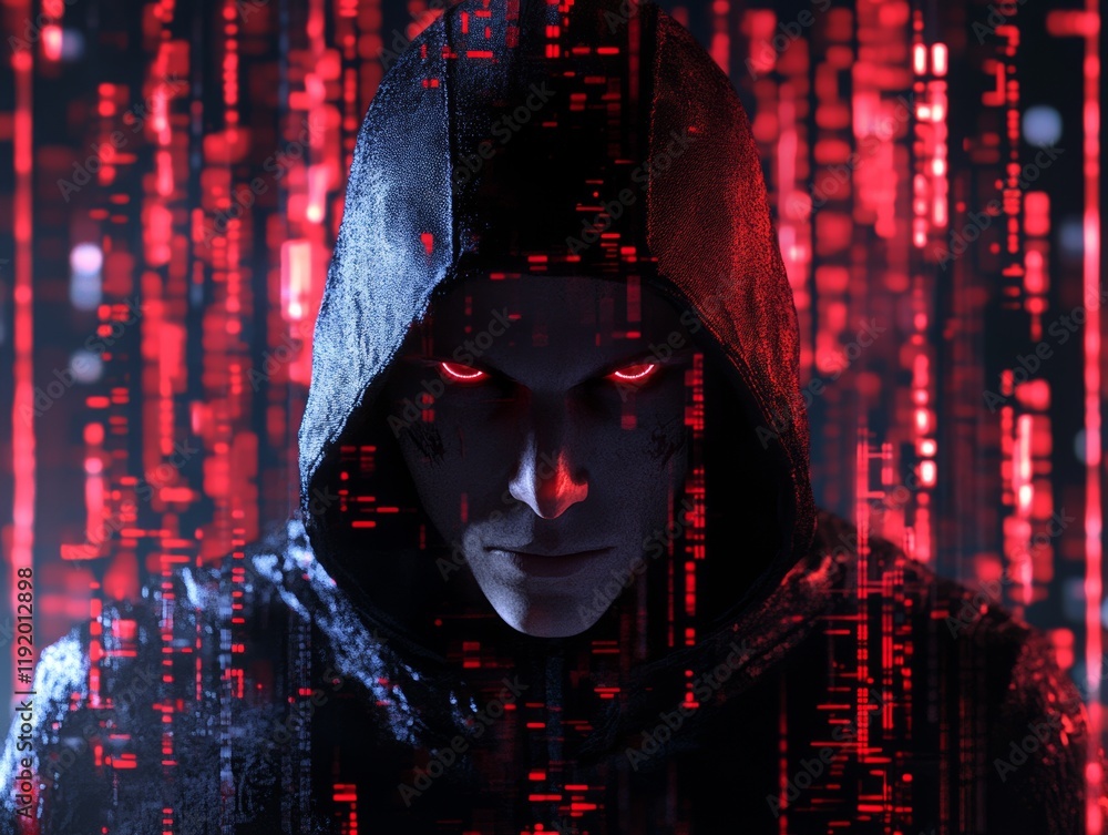 Poster hooded dark hat hacker figure in dark clothing with shadowed face hacking concept against digital ma