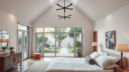 Fototapeta premium Luxurious Two-Story Bedroom with Garden View