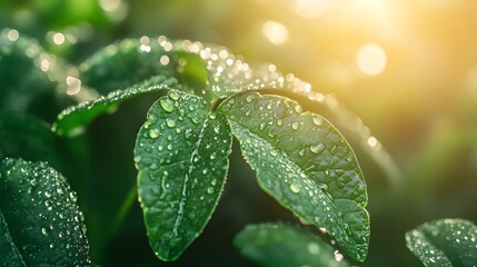 Vibrant green clover with dew drops bathed in golden sunlight, symbolizing luck and renewal in nature's embrace
