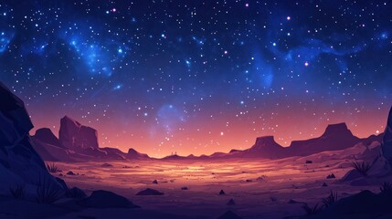 Starry night sky over a desert landscape with mesas and sparse vegetation.