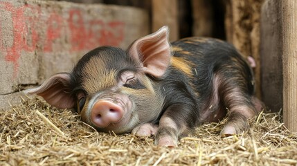 Adorable Piglet Snoozing in Hay