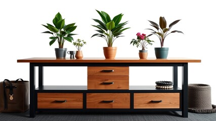 Modern Furniture Table Drawers Potted Plants Isolated White Background High-Quality AI Photo