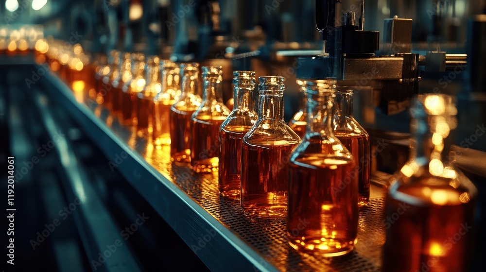 Poster amber liquor bottles move on conveyor belt. shows automated bottling process in distillery.
