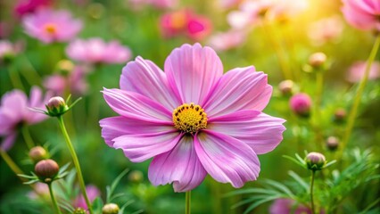Obraz premium A delicate pink cosmos flower blossom with intricate details and soft petals unfolding in a lush garden amidst greenery and vibrant flowers, horticulture, garden