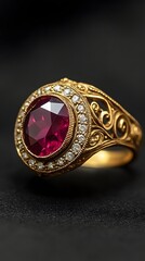 Elegant Gold Ring with Ruby and Diamond Accents: A Realistic Product Image