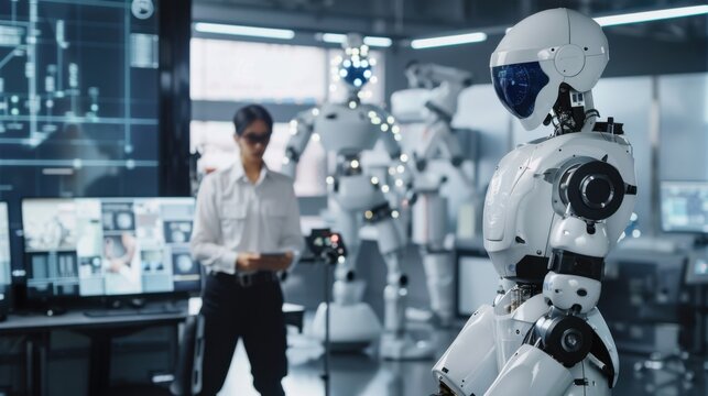 A dynamic industrial robotics testing lab with engineers programming humanoid robots for complex tasks, Robotics testing lab scene, Automation innovation style