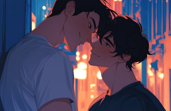 two men in love, gazing into each other's eyes under city lights at night