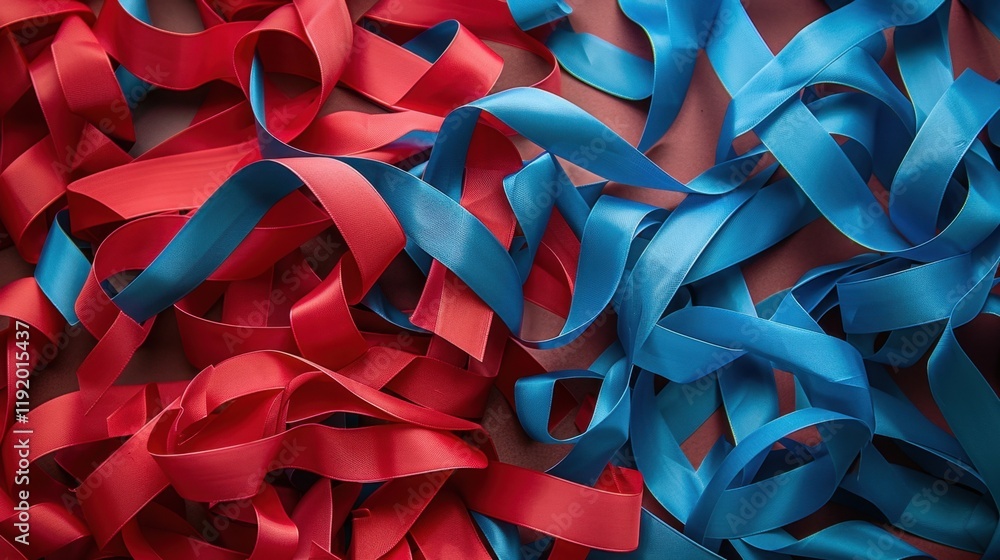 Poster colorful ribbons in red and blue create vibrant, dynamic pattern. smooth texture and flowing shapes 