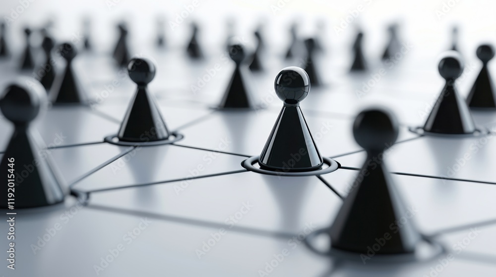 Poster strategically arranged black game pieces on reflective surface symbolize connection and networking. 