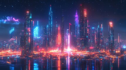 Fototapeta premium Futuristic cityscape at night urban environment digital art vivid colors