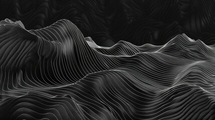 Abstract black and white landscape with flowing lines and waves, creating sense of depth and movement. design evokes modern and minimalist aesthetic