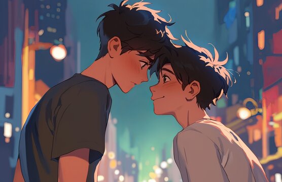 two men in love, gazing into each other's eyes under city lights at night