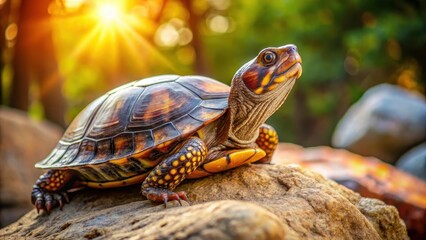 Obraz premium A Coahuilan Box Turtle is seen basking in the warm sunlight on a rocky outcropping , wildlife