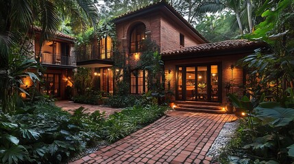 Obraz premium Serene evening gathering in a tropical villa with lush garden ambiance